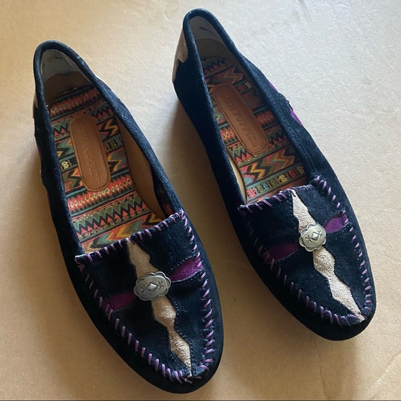Aztec Western Boho Suede Hush Puppies Loafers Sz 8.5 - Picture 2 of 12
